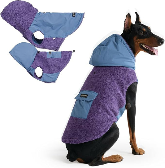 Spark Paws Reversible Fleece Dog Jacket, Hooded Sweater Vest, Warm Coat for Winter - Suitable for Small Medium Large XL XXL Dogs - Purple and Navy Blue - 4XL