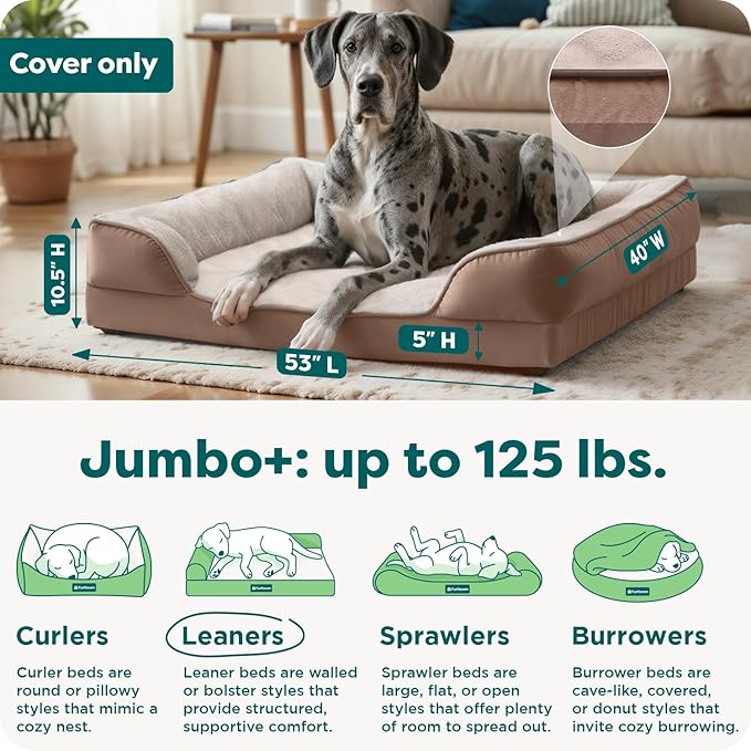 FurHaven Dog Bed Cover Replacement, Sofa-Style Design with Soft, Breathable Fabric for Cozy Comfort, Machine Washable, Jumbo Plus/XXL, Plush & Velvet Waves, Brownstone