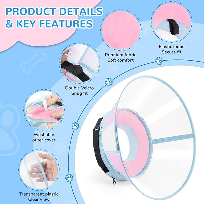 Sponge Core Dog Cone, Inflatable Dog Cone Collar Alternative, Dogs Donut Collar After Surgery, Soft Cone for Large Medium Small Dogs to Stop Licking, No Inflation Required, Clear View(Size 6, Pink)