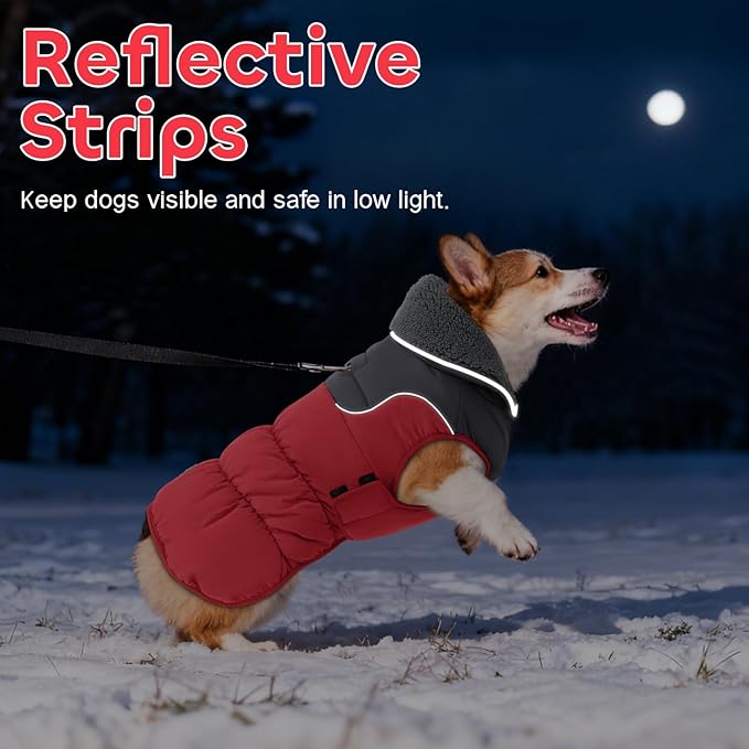 EMUST Dog Coats for Large Dogs, Reflective Warm Pet Fleece Jacket Snowsuit for Cold Weather with Furry Collar, Windproof Warm Fleece Dog Puffer Jacket, Red L