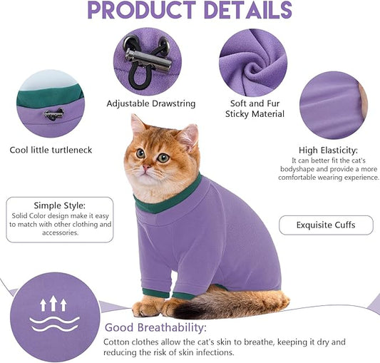 Sticky Cat Clothes Stretchy, Sphynx Hairless Sweater & Pajamas for Cats only, Soft Cat Onesie for Cats After Surgery Female Male & Hair Loss Prevention, Purple S