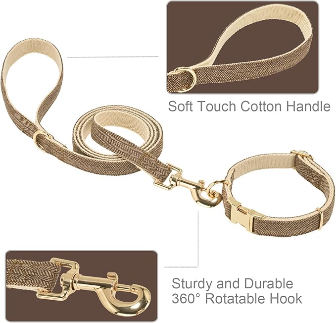 Soft Hemp Dog Collar and Leash Set Adjustable Woven Tweed Dog Collars with Metal Buckle and Lead for Small Medium Large Dogs,Coffee