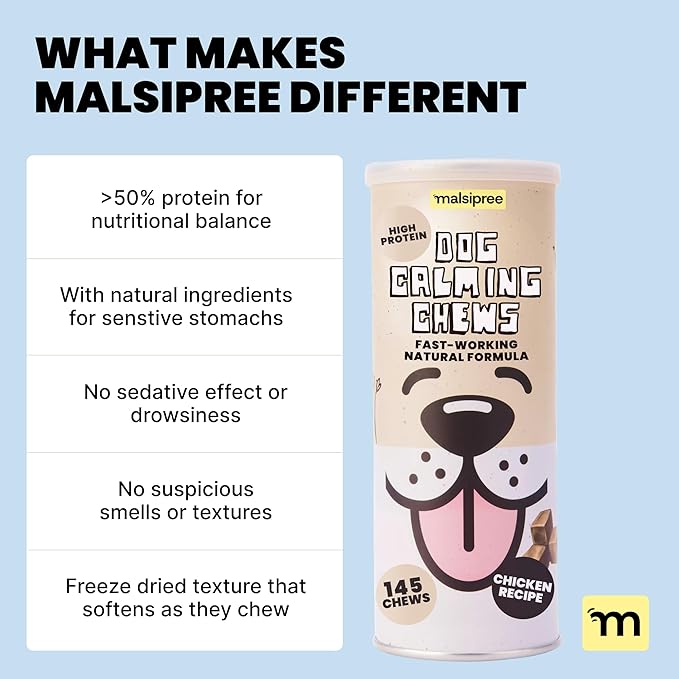 MalsiPree Calming Chews for Dogs - 145 pcs Chicken - Helps Regulate Mood - Relief Treats - No Sedative Effect - Freeze Dried - with Passion Flower & Melatonin