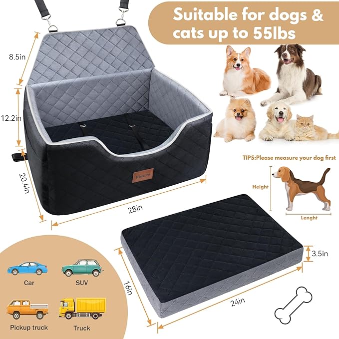 Dog Car Seat for Large Medium Size Puppy Dog,Soft Fabric Dogs Bed Filling Memory Foam,2 Clip-On Safety Leashs and 2 Pockets,Removable and Washable Comfy Pet Travel Car Seat(Black, Large)