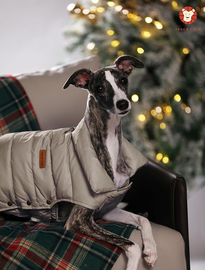 SPACE LION Dog Puffer Jacket, Down Winter Coat, Durable Outdoor Coat for Cold and Windy Conditions, Lightweight & Adjustable Fit Coats for Medium Dogs, (Khaki, Size14/L)