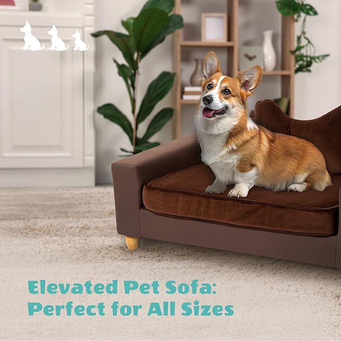 CRITTER SITTERS 43” Faux Leather Ped Bed in Brown, Durable Washable Sofa Couch for Large Cats & Dogs, Must Have Essential Furniture Accessory for Kittens & Puppies