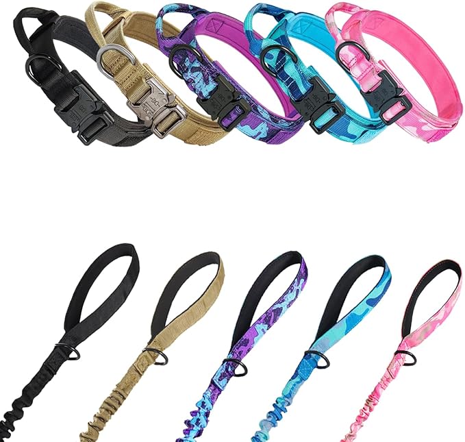 Hotsky Tactical Dog Collar and Leash Set, Heavy Duty Military Airtag Dog Collar with Handle and Metal Buckle for Training and Walking, with Airtag Holder and Two Patches (Purple Camo, M)