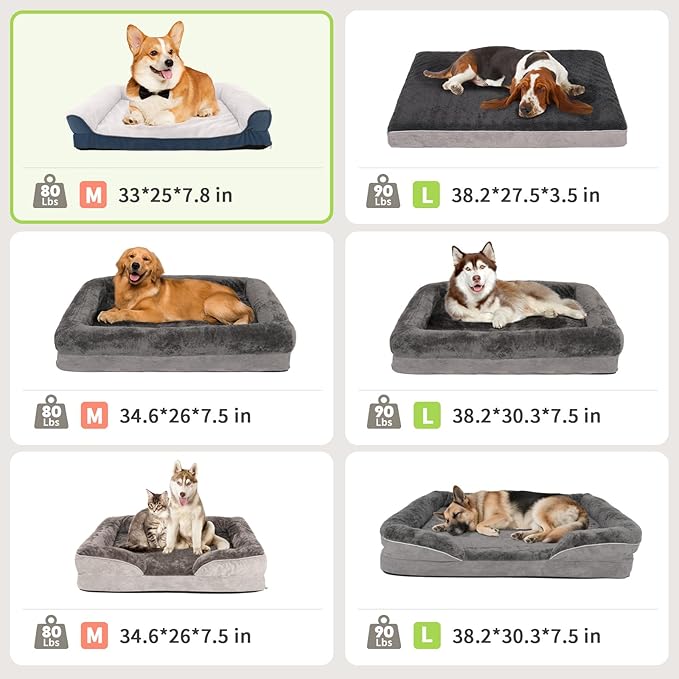 Dog Bed Waterproof Medium/Large Sized XL Foam Pet Beds Removable Washable Cover Dog Sofa Egg Crate Foam Support with Zipper Bottom Bolster Deluxe Plush Mat (Blue + White+33x25x7.8in)