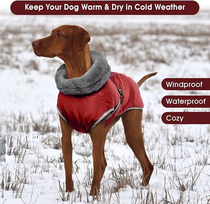 Dog Coats for Large Dogs,2XL Warm Fleece Winter Jacket,Dog Coat with Leash Hole,Waterproof Pet Cold Weather Coats Vest,Dogs Winter Clothes,Reflective Turtleneck PRT Snowsuit,Red,2XL