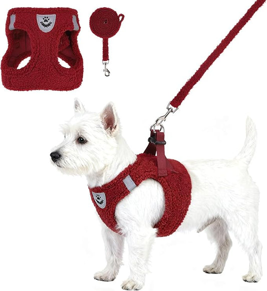 KOOLTAIL Plush Small Dog Harness and Leash Set, Warm Fleece No Pull Puppy Vest for Winter, Lightweight Reflective Step in Pet Harness for Medium Sized Dogs Boy Girl Outdoor Walking, Christmas Red M