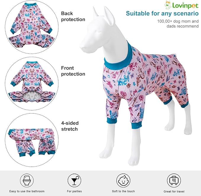 LovinPet Dog Pajamas Bodysuit for Giant Dogs, Pet Anxiety CalmingShirt, Lightweight Post Surgery Dog Pajamas, Garden Print, Pitbull Clothes, 4 Legged Style Pullover Dog Onesie, Large