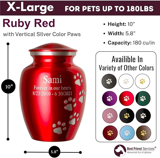 Pet Urn for Dogs and Cats with Personalized Laser Engraving, Ottillie Paws Premier Series Memorial Urns (X-Large Ruby Red with Vertical Pewter Paws)