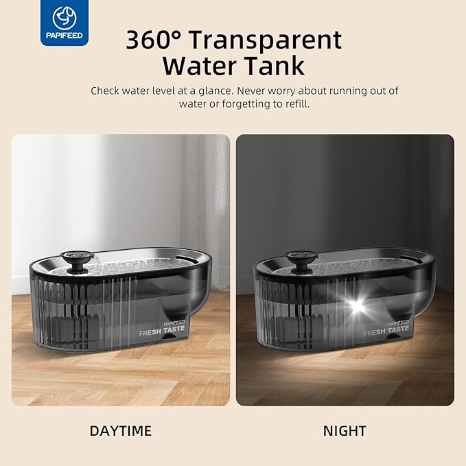 PAPIFEED Cat Water Fountain+ Stainless Steel Tray + 1 Silicone Mat+5 Filters+2 Sponges, 84 oz/2.5L Automatic Pet Drinking Fountain, Ultra Quiet Pet Fountain with Stainless Steel Tray, Easy to Clean