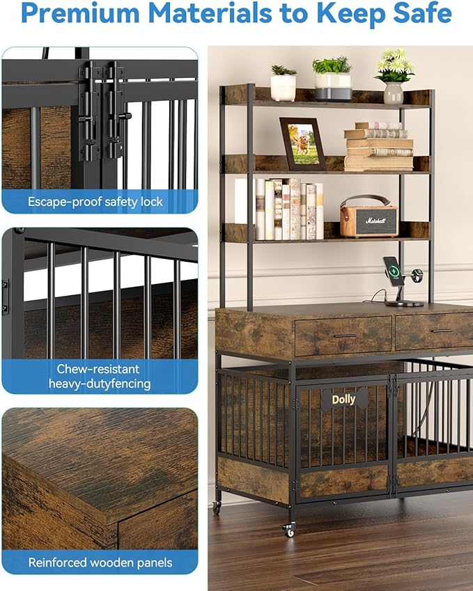 Petrova 72" Tall Dog Crate Furniture with Storage Shelves, 39" Heavy Duty Wooden Dog Kennel Indoor for Medium Dogs, Decorative Dog Cage with Charging Station, LED Light, 2 Drawers, Wheels