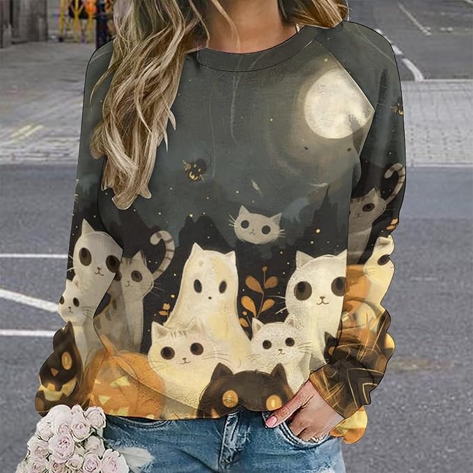 Womens novelty funny cat printed crewneck sweatshirt casual loose long sleeve graphic pullover sweatshirts tops