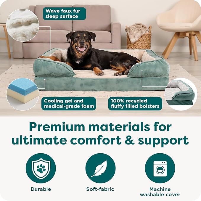 FurHaven Cooling Gel Dog Bed for Large Dogs, Comfort Sofa Bed with Cool Gel-Top Foam and a Solid Orthopedic Foam Base for Joint Support, Washable Cover, Jumbo/XL, Plush & Velvet, Celadon Green
