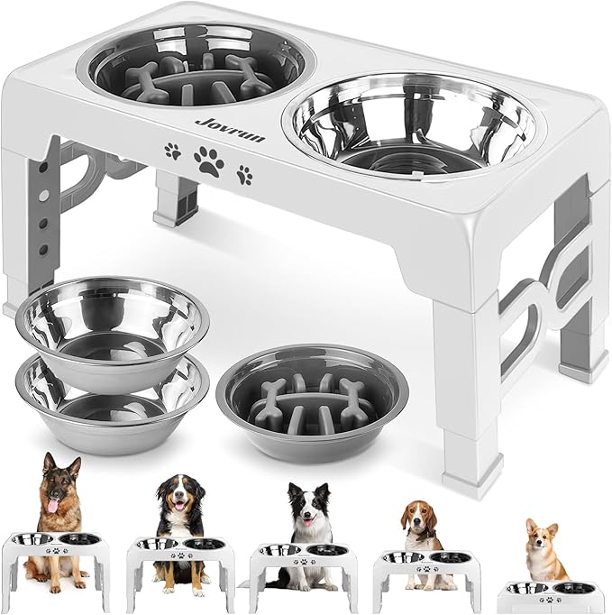 Elevated Dog Bowls, Dog Feeder with Stainless Steel Dishes & Slow Feeder Bowl, 5 Heights Adjustable Raised Stand for Medium Large, Food Dishes with Non-Slip Feet