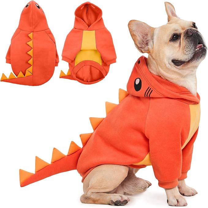 QBLEEV Dog Dinosaur Winter Coat, Warm Soft Knit Pullover Jacket with Hood for Cold Weather, Cozy Fleece-Lined Sweatshirt with 3D Dino Spikes, Stretchy Cute Pet Outerwear for Small Medium Large Dogs