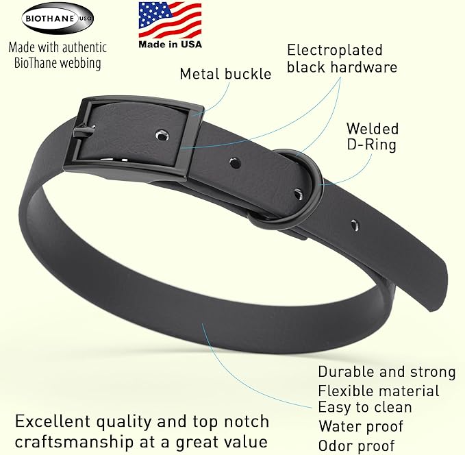 Dogline Biothane Coated Webbing Dog Collar with Black Metal Hardware: Durable Easy-Clean Everyday Collar for Dogs - Comfortable Adjustable Odor-Resistant Pet Collar, W5/8" x L12-15, Black