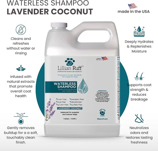 Lillian Ruff Waterless No-Rinse Dog Dry Shampoo Spray with Hydrating Essential Oils - pH-Balanced Dry Shampoo for Dogs - Clean, Condition, Detangle & Deodorize Dry, Sensitive Skin (Gallon)