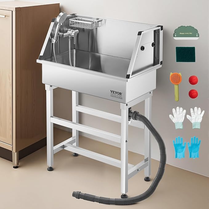 VEVOR 34 Inch Stainless Steel Dog Washing Station, Pet Grooming Tub with Hot & Cold Faucet, Showerhead, Storage Rack, No-Bend All-in-One Bathtub, Home Wash Sink, Fits Small Cats and Dogs