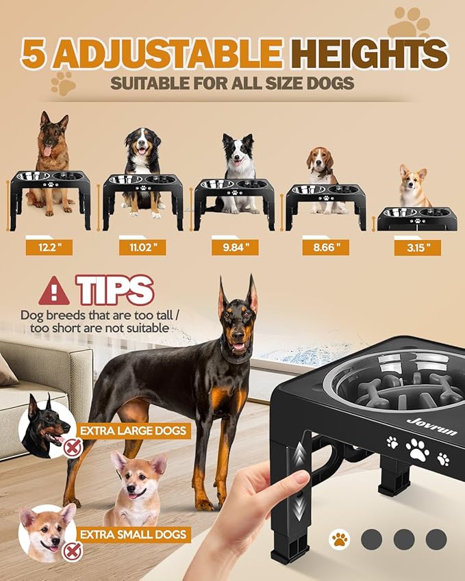 Elevated Dog Bowls, Dog Feeder with Stainless Steel Dishes & Slow Feeder Bowl, 5 Heights Adjustable Raised Stand for Medium Large, Food Dishes with Non-Slip Feet