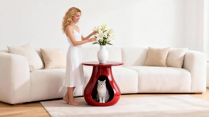 2-in-1 Gourd Table & Pet Bed - Pet-Friendly Rounded Edges，Modern Living Room Furniture with Eco-Resin Top（A-Red）
