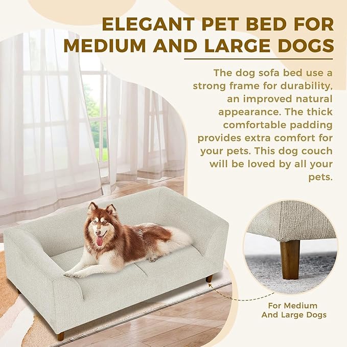 Dog Sofa Bed for Medium Dogs with Backrest and Armrest, Memory Foam Dog Sofa Couch, Modern Elevated Pet Couch Bed with Wooden Legs, Beige