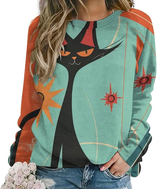 Biacolum Long Sleeve Shirts for Women Mid Century Retro Style Atomic Cat 3D Graphic Sweatshirts Fall Crewneck Pullover Top