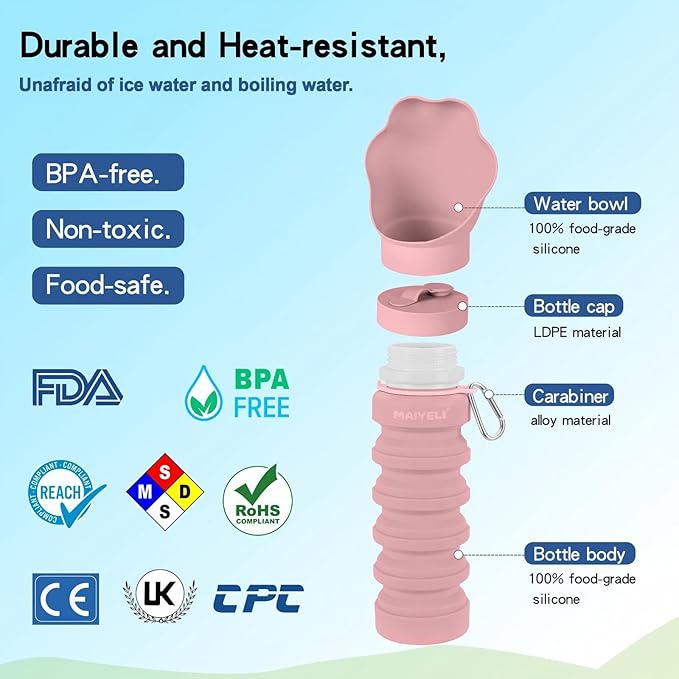 Collapsible Dog Water Bottle, Portable Pet Travel Water Dispenser with Foldable Silicone Bowl, BPA Free Food Grade, 8oz-19oz Leak-Proof Dog Drinking Bottle for Walking, Hiking, Camping (Pink)