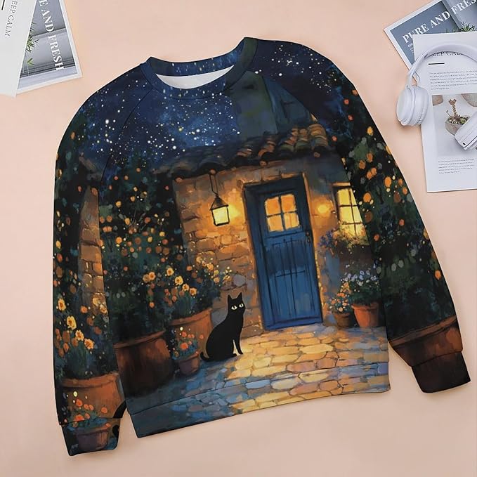 Womens novelty funny cat printed crewneck sweatshirt casual loose long sleeve graphic pullover sweatshirts tops