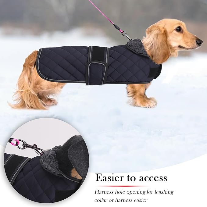 Warm Thermal Quilted Dachshund Coat, Dog Winter Coat with Warm Fleece Lining, Outdoor Dog Apparel with Adjustable Bands for Medium, Large Dog-Dark Blue-XS