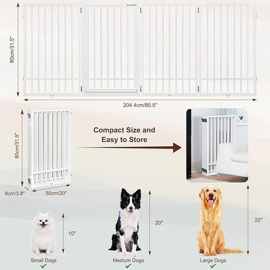 Metal Freestanding Dog Gate with Door, Extra Wide 81", 31" Height Foldable Dog Gates for Doorways, Tall Pet Fence Indoor Outdoor Pet Gates, 4 Panels Pet Barrier for Stairs Hallways, White