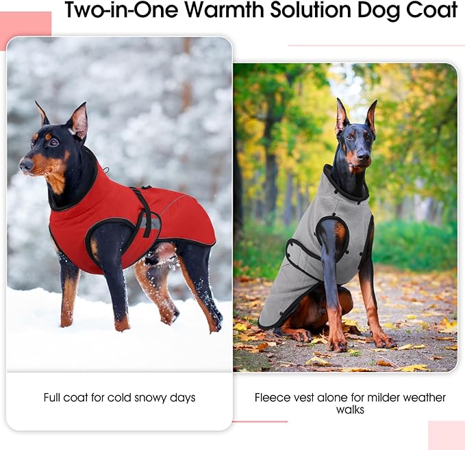 QBLEEV 2 in 1 Dog Coat, Waterproof Dog Winter Jacket with Detachable Fleece Vest, Windproof Warm Snow Jakcet with Harness Hole, Reflective Cold Weather Coats for Small Medium Large Dogs