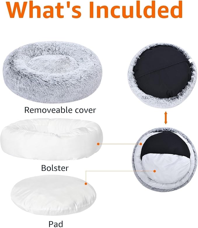 Amazon Basics Donut Pet Bolster Faux Fur Bed for Dog, Grey, 23" x 23"