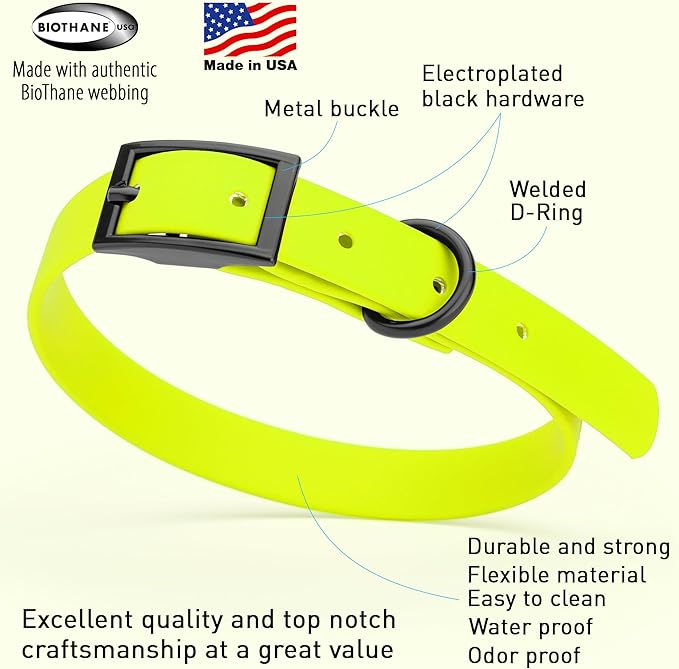 Dogline Biothane Coated Webbing Dog Collar with Black Metal Hardware: Durable Easy-Clean Everyday Collar for Dogs - Comfortable Adjustable Odor-Resistant Pet Collar, W5/8" x L12-15, Safety Yellow