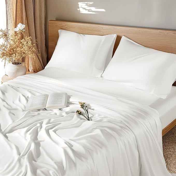 LBRO2M 100% Mulberry Silk Satin Sheets Set Queen Size Silk Fitted Sheet16 Deep Pocket Cool Bedding Sheet 4 Piece Wrinkle Resistant (Queen, White)