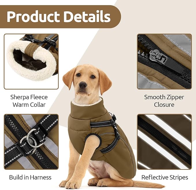 Dog Winter Coat with Harness Built in Warm Puffer Dog Jackets for Small Medium Large Dogs Windproof Waterproof Outfit with Plush Lining and Reflective Stripes (Brown, M)