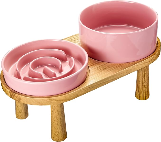 Ceramic Slow Feeder and Water Bowl Set for Small Dogs, 6.0inch Ceramic Dog Bowls Elevated with Wooden Stand, 0.6 Cups Dog Slow Feeder(14oz) and 30oz Water Bowl Set, Pink