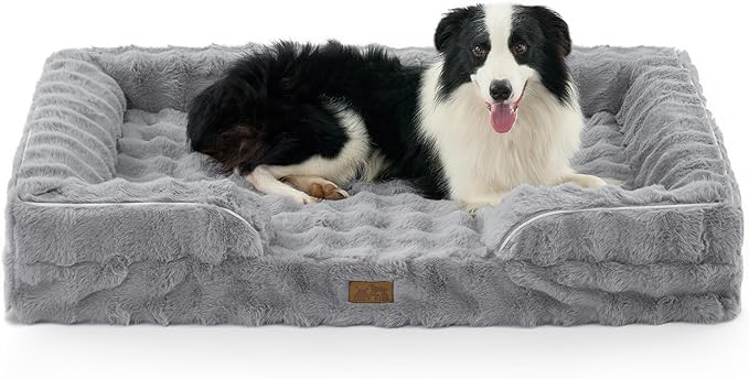 Orthopedic Dog Bed for Extra Large Dog, Faux Fur Giant Pet Sofa, Big Foam Bolster Couch with Waterproof Lining Cover, Anti-Slip, Soft, Warm, Washable, C-Shaped, XXL 48x35x8 inch, Grey