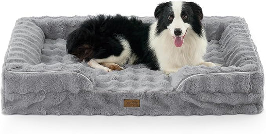 Orthopedic Dog Bed for Extra Large Dog, Faux Fur Giant Pet Sofa, Big Foam Bolster Couch with Waterproof Lining Cover, Anti-Slip, Soft, Warm, Washable, C-Shaped, XXL 48x35x8 inch, Grey