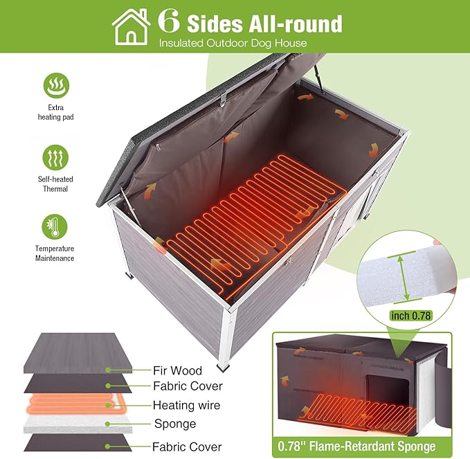 Large Heated Dog House Outdoor XL Insulated Dog House Weatherproof Dog Kennel ((with Heating Pad & Liner), Extra Large Heated Dog House (AIR64-XXL-HP))
