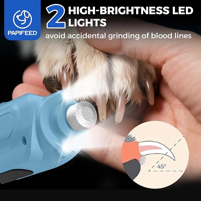 PAPIFEED High Torque Dog Nail Grinder Quiet - 6-Speed Adjustable Dog Nail Trimmers with 2 LED Lights & Dust-Proof Cover, Powerful Motor for Large/Medium/Small Dogs & Cats, Rechargeable - Dark Blue