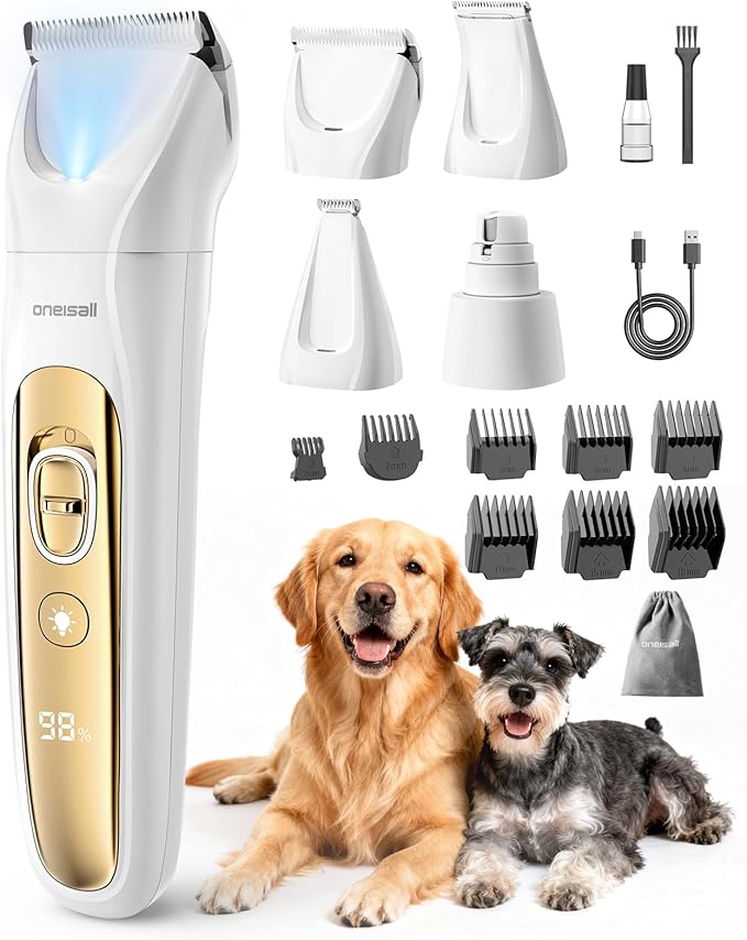 oneisall Quiet Dog Grooming Kit 4 in 1, LED Light Dog Nail Grinder, 2000mAh Pet Grooming Clippers Paw Trimmer for Paw, Nail, Face, Ears, Legs, Body with Storage Bag