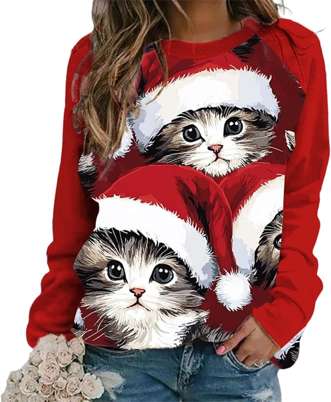 Womens Ugly Christmas Sweatshirt Funny Cat Dog Printed Xmas Pullover Shirts Crewneck Long Sleeve Graphic Hoodies