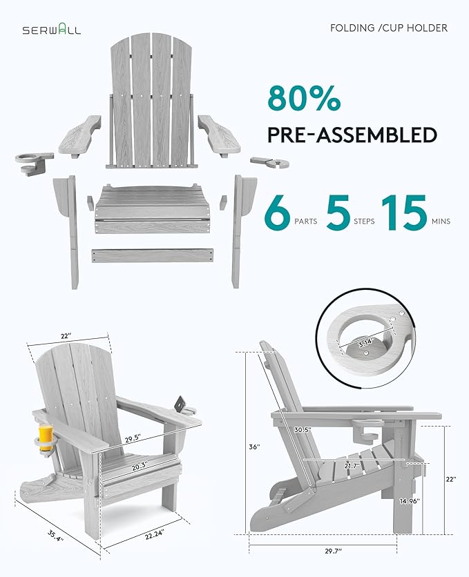 SERWALL Adirondack Chair with Cup Holders - Composite Adirondack Chairs Set of 4 HDPE Outdoor Chairs All Weather Use- Silver Gray
