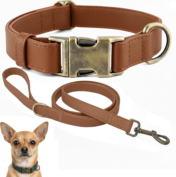 Silicone Dog Collar and Leash Set, Waterproof & Odor-Proof Puppy Collar for Small Dogs, Soft Flexible Leather-Look Dog Collars, Durable Thick Adjustable Pet Collar (Brown, Small (9-14" Neck))
