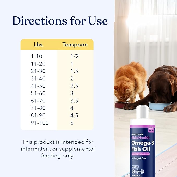 Honest Paws Salmon Oil for Dogs & Cats – Omega 3 Fish Oil Supplement for Skin, Coat, Joint & Heart Health – Natural, Sustainably Sourced Wild Alaskan Salmon, 8 oz