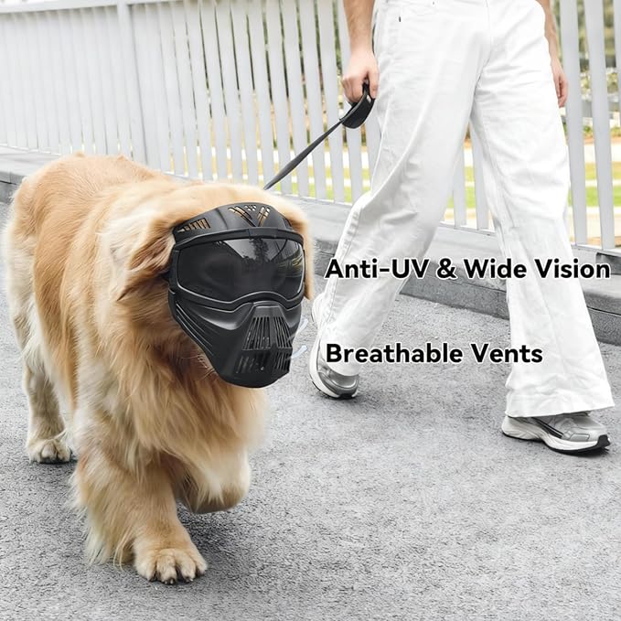 PETLESO Dog Goggles Large Breed, Anti-UV Dog Sunglasses for Full Face Protection, Pet Mask with Breathable Holes for Outdoor Camping Hiking Hunting, Adjustable, Black