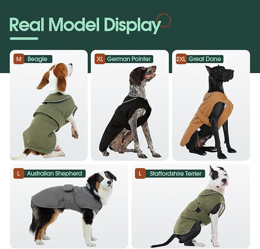 Kuoser Army Green Dog Winter Coat, X-Large, Water-Resistant, Fleece, Hooded Neck, Elastic, Hook, Zipper, Cotton, Comfortable, Leash Hole, Reflective, for Medium Breeds